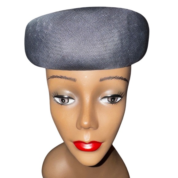 Frank Olive Saks Fifth Avenue Vintage Blue Pillbox Hat Pink Flower Bow Accent